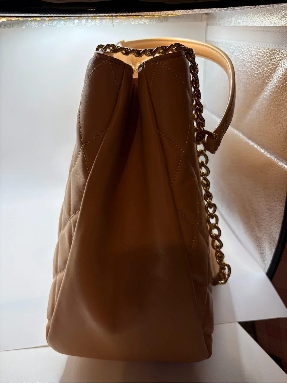 kate spade Quilted Tan Leather Shoulder Bag with Gold Chain